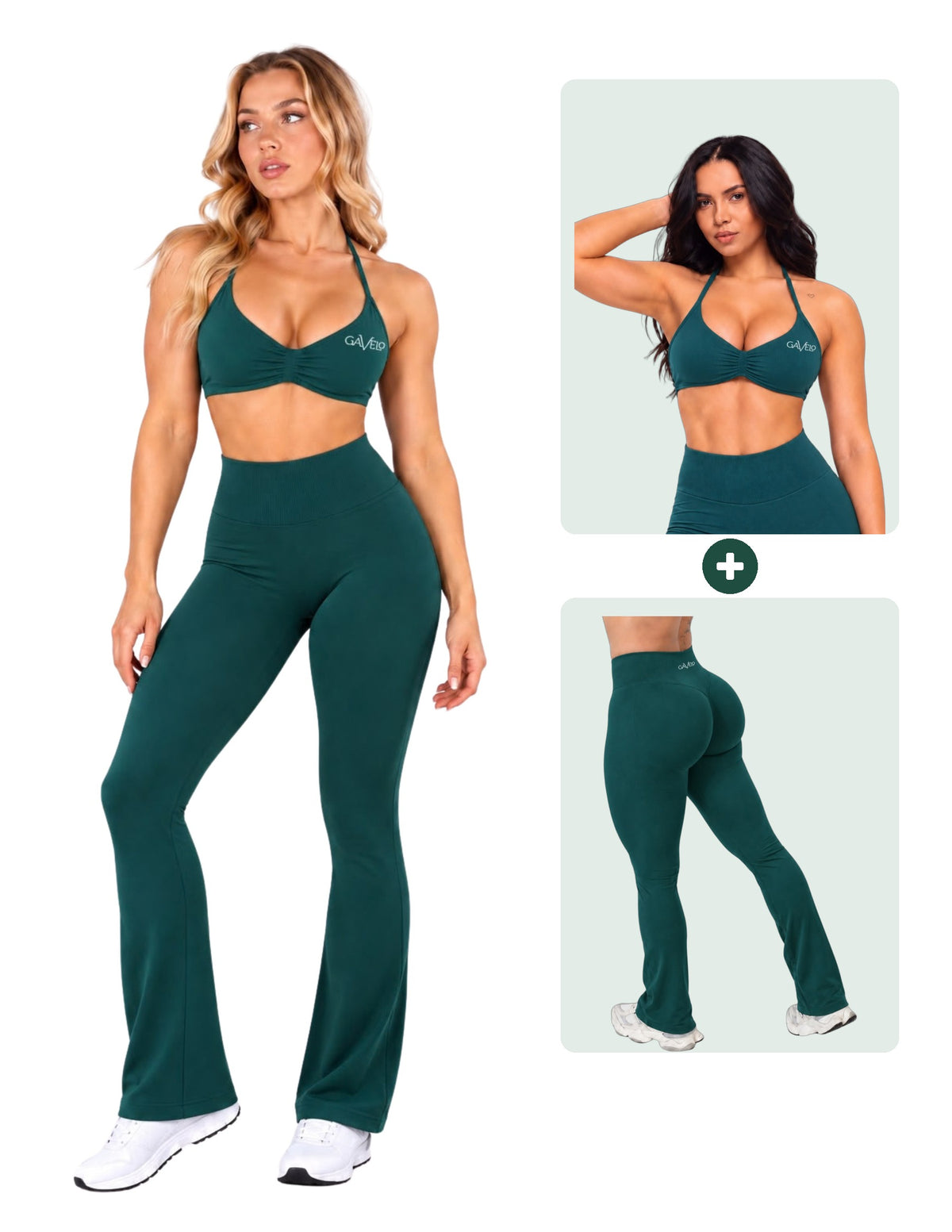 GAVELO Seamless Lift Set Flare Tights + Bra Deep Green, hela setet och delarna