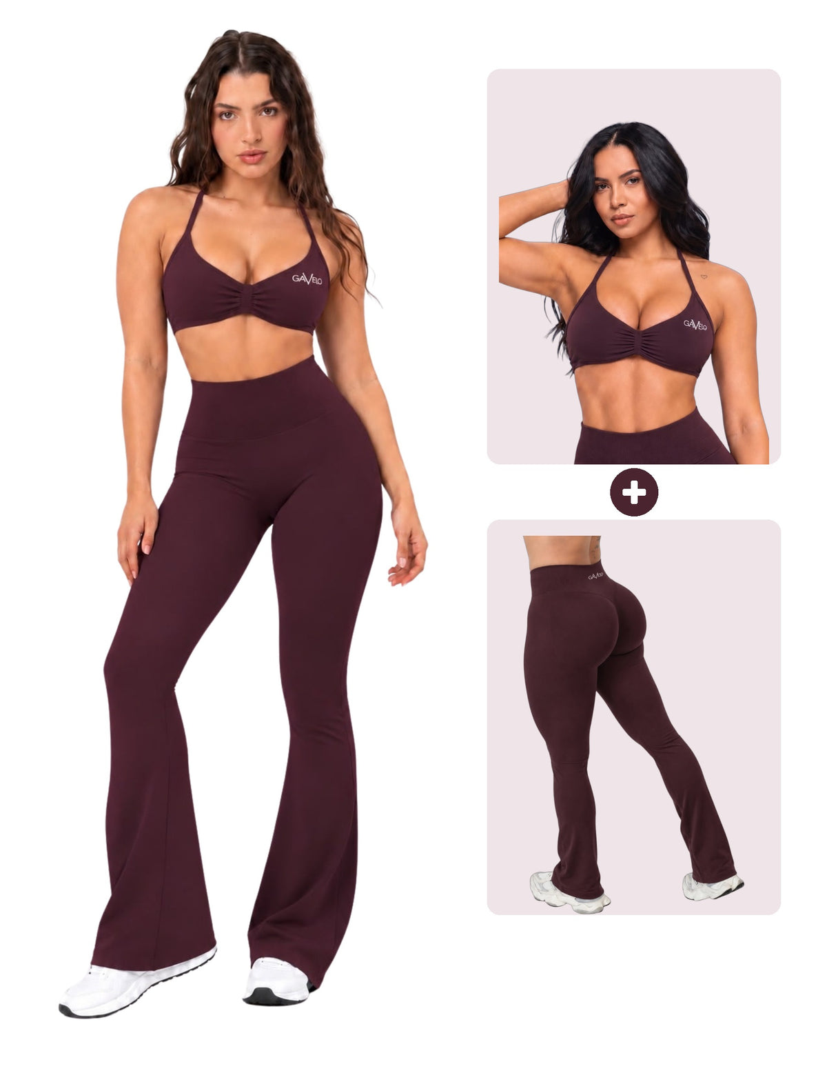 GAVELO Seamless Lift Set Flare Tights + Bra Deep Plum, hela setet och delarna