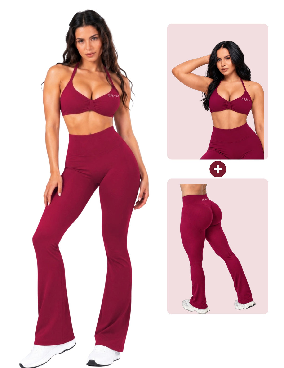 GAVELO Seamless Lift Set Flare Tights + Bra Deep Red, hela setet och delarna