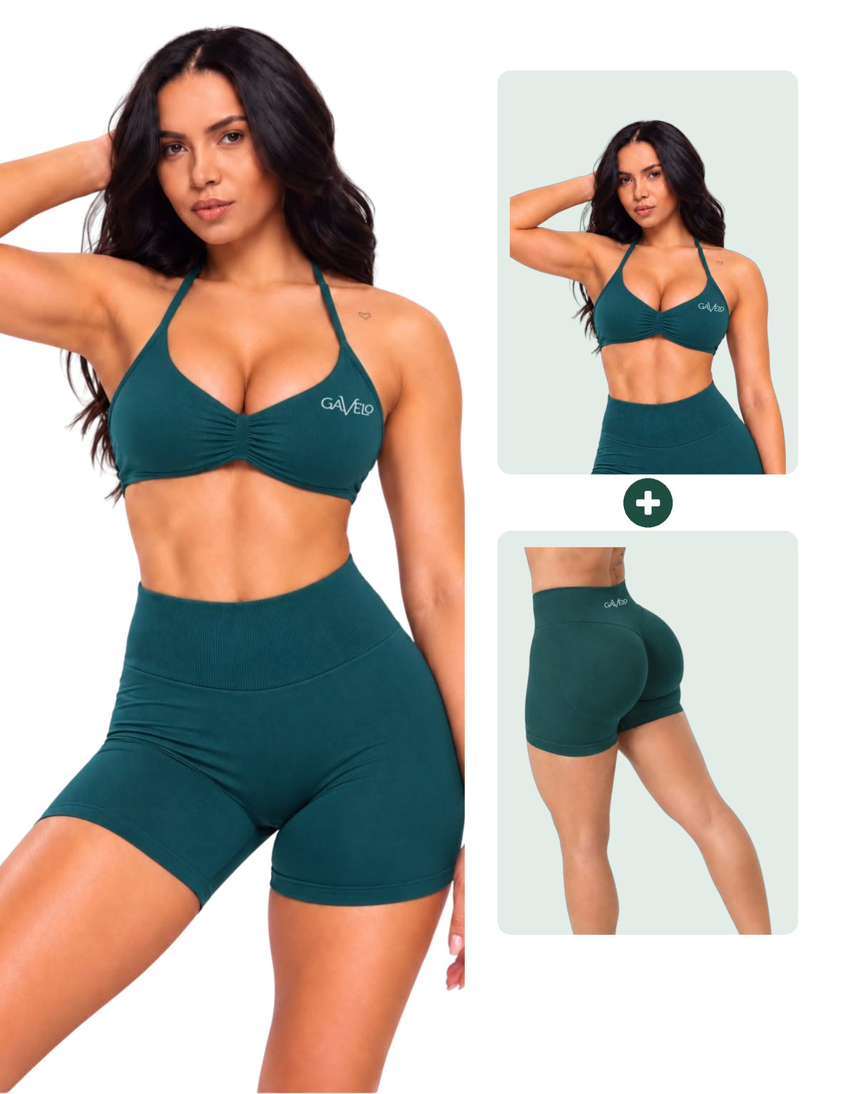 GAVELO Seamless Lift Set Shorts + Bra Deep Green, hela setet och delarna