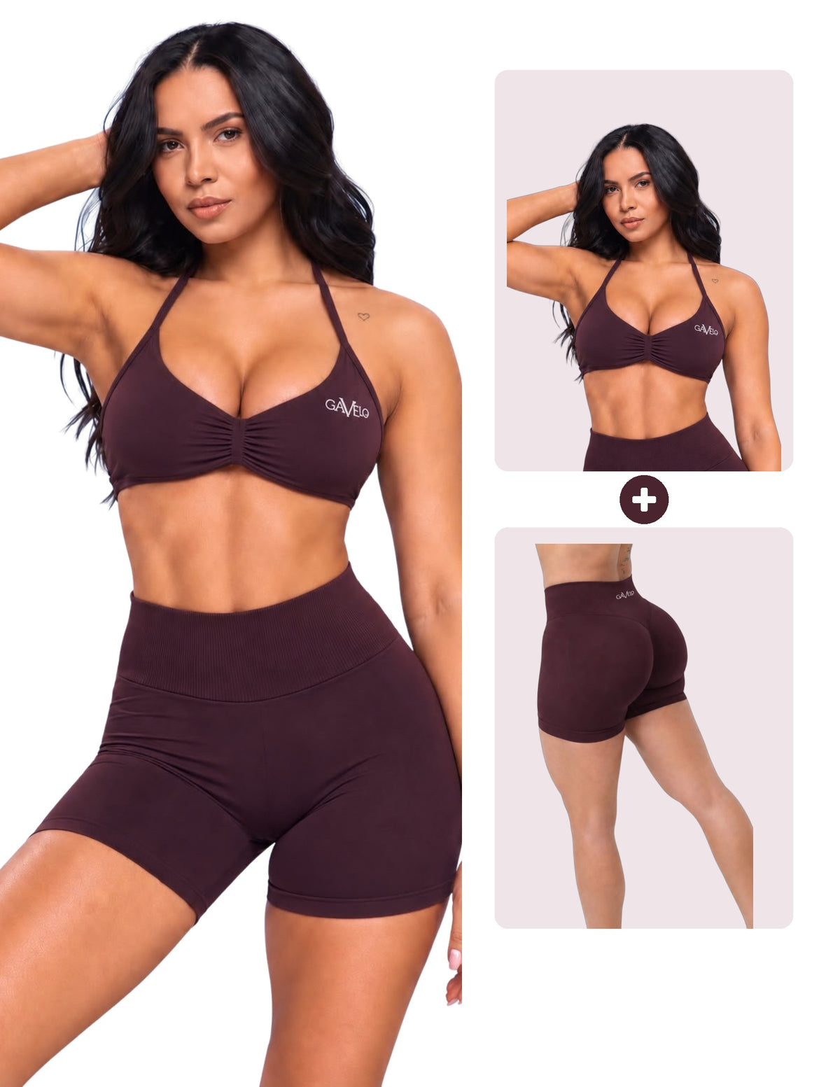 GAVELO Seamless Lift Set Shorts + Bra Deep Plum, hela setet och delarna